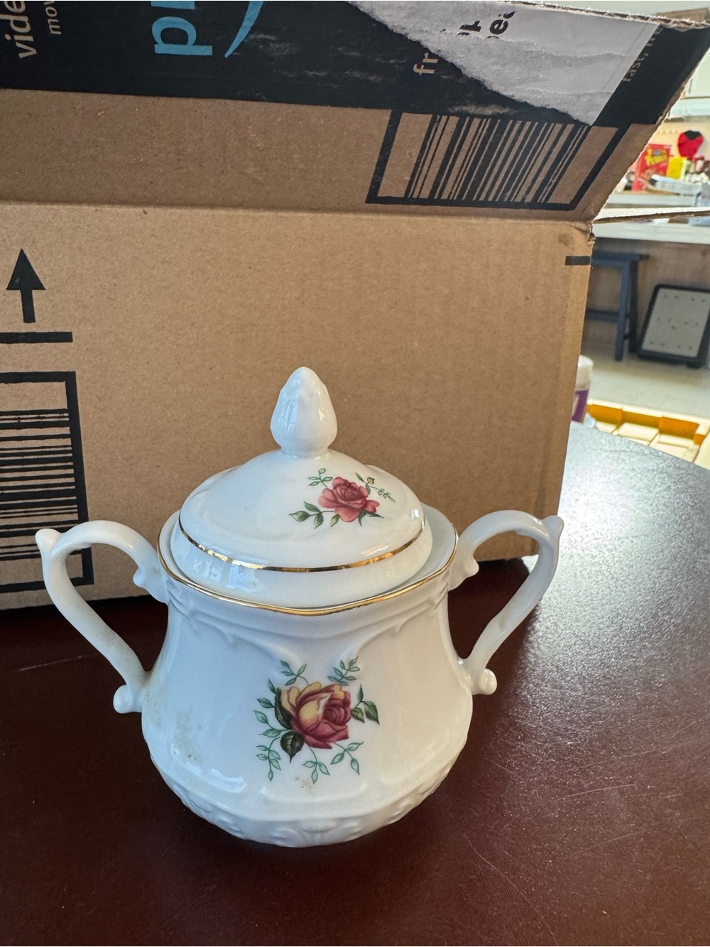 Porcelain Rose Sugar Bowl with Lid - White and Pink Floral